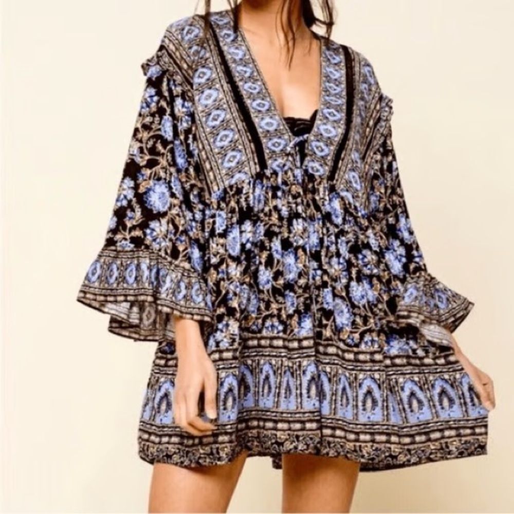 Free People Blue Black Printed Bell Sleeve Boho Romantic Mini Dress Tunic S